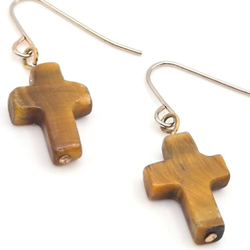 Handmade Tiger Eye Stone Cross Dangle Earrings Natural Gemstone Boho Silver Tone